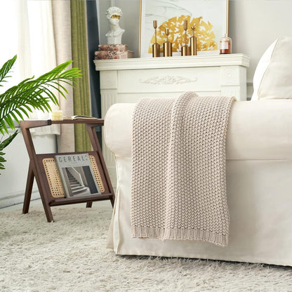 Longhui bedding Chunky Cable Knit Throw Blanket Lightweight Beige 100% Organic Cotton Blanket for Sofa Couch Bed Baby Nursery, Rustic Shabby Chic Modern Farmhouse, 60” x 80”