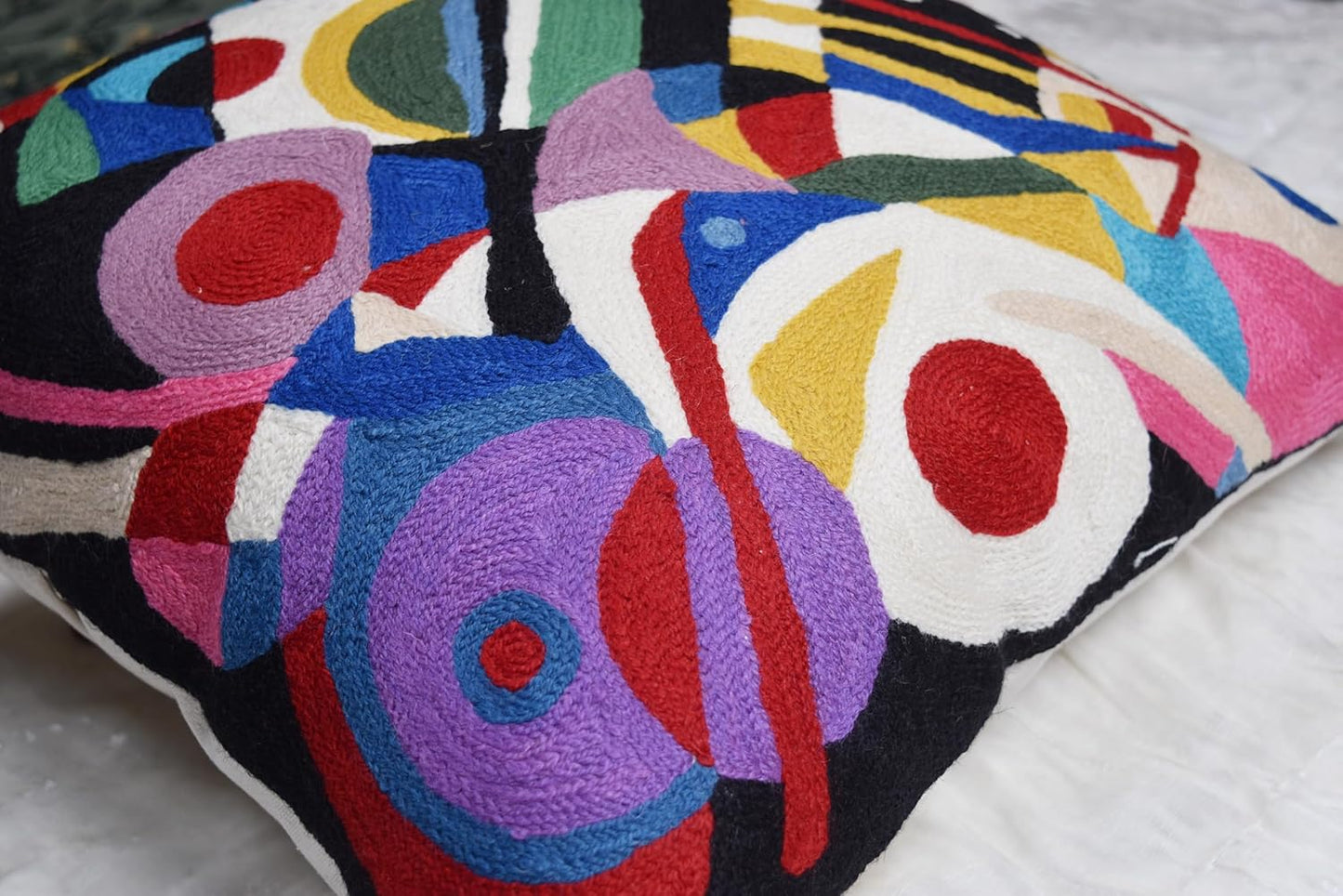 Kandinsky Impulse Modern Decorative Pillow Cover Black Abstract Toss Pillowcase Farmhouse Chair Cushion Contemporary Pillow Mid-Century Chair Cushions Hand Embroidered Pillow Wool Size 18x18