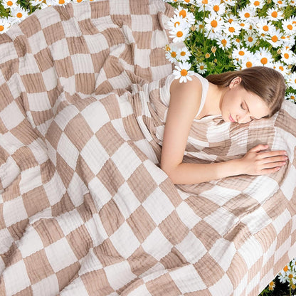 EMME Checkered Cotton Blanket Queen Size for Bed Soft Large Muslin Bed Blankets 80"x90" Lightweight Breathable Cooling All Season Gauze, Light Tan