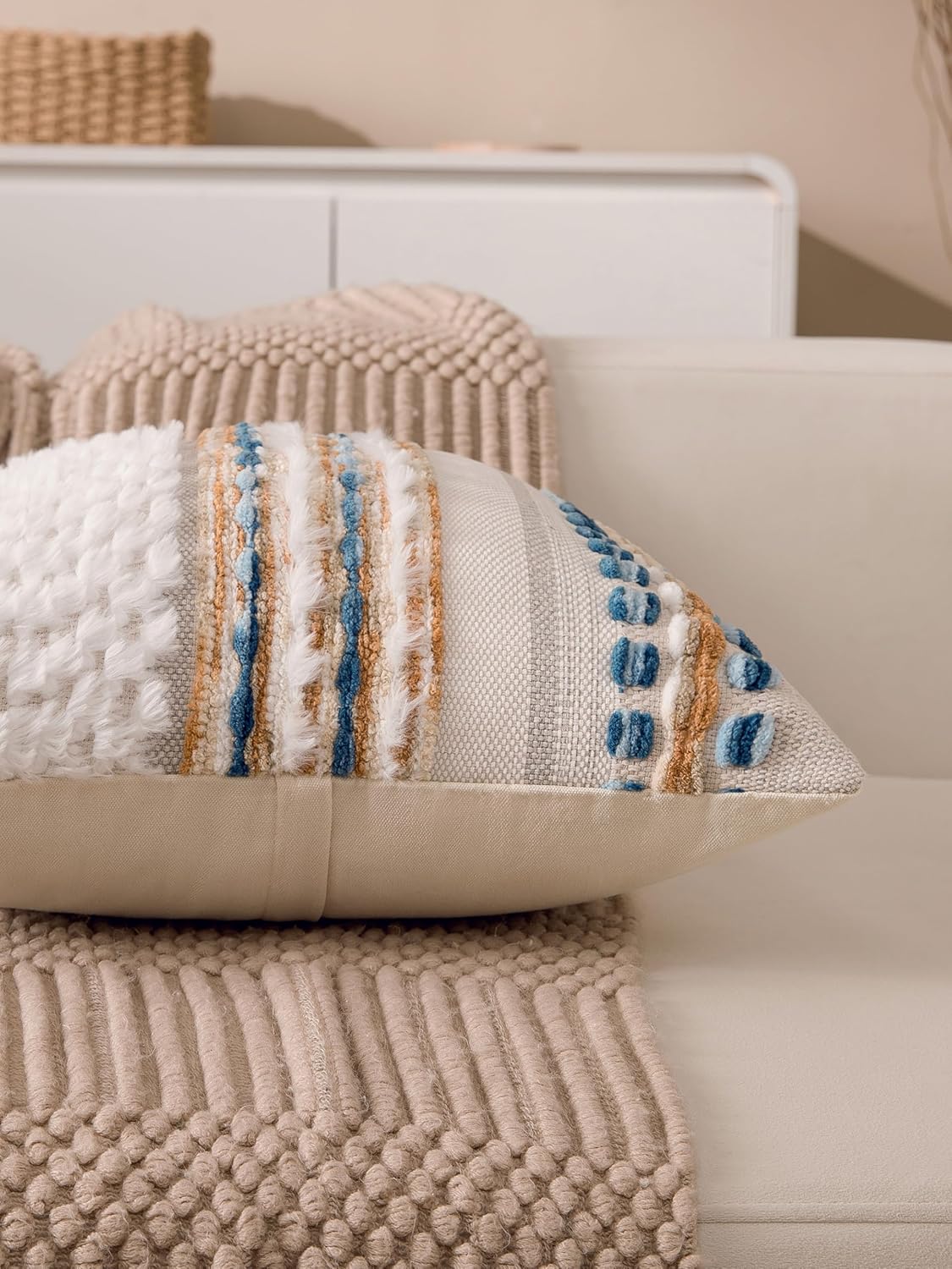 Boho Chenille Tufted Couch Throw Pillow Covers 18x18 Inch Set of 2 Farmhouse Striped Decorative Pillow Covers Accent Neutral Pillowcase Caramel Brown Blue Cushion Cover for Livingroom Sofa Bed