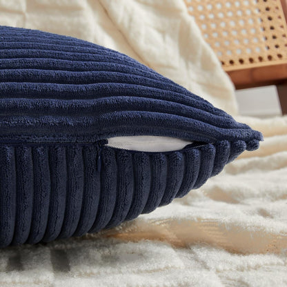 Fancy Homi 2 Packs Navy Blue Lumbar Decorative Throw Pillow Covers 16x32 Inch for Living Room Couch, Rustic Farmhouse Boho Home Decor, Soft Striped Corduroy Rectangle Accent Cushion Case 40x80 cm