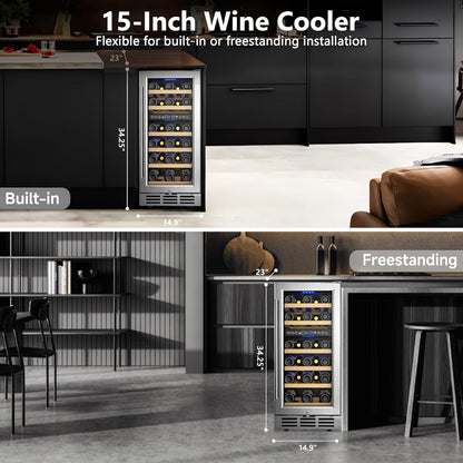 15 Inch Dual Zone Wine Refrigerator, 29 Bottle Under Counter Wine Fridge, Wine Refrigerator for Built-In or Freestanding, Wine Cooler with Removable Shelves, Double-Layer Glass Door, for Home