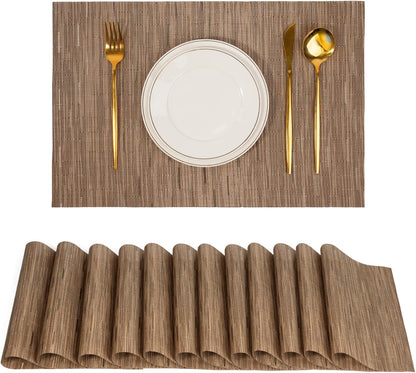 Placemats Set of 12，Non-Slip PVC Weave Table Mats Easy to Clean，Heat Resistant Place Mats for Kitchen Dining Table Decoration Indoor Outdoor，Light Brown