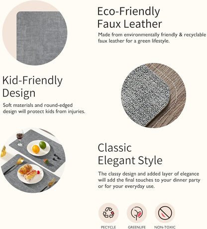 Maxpearl Faux Leather Placemats Set of 4 - Waterproof - Wipe Clean - Heat Resistant - Anti Slip Dining Table Place Mats, Suitable for Indoor & Outdoor Use, 17’’×12’’, Grey