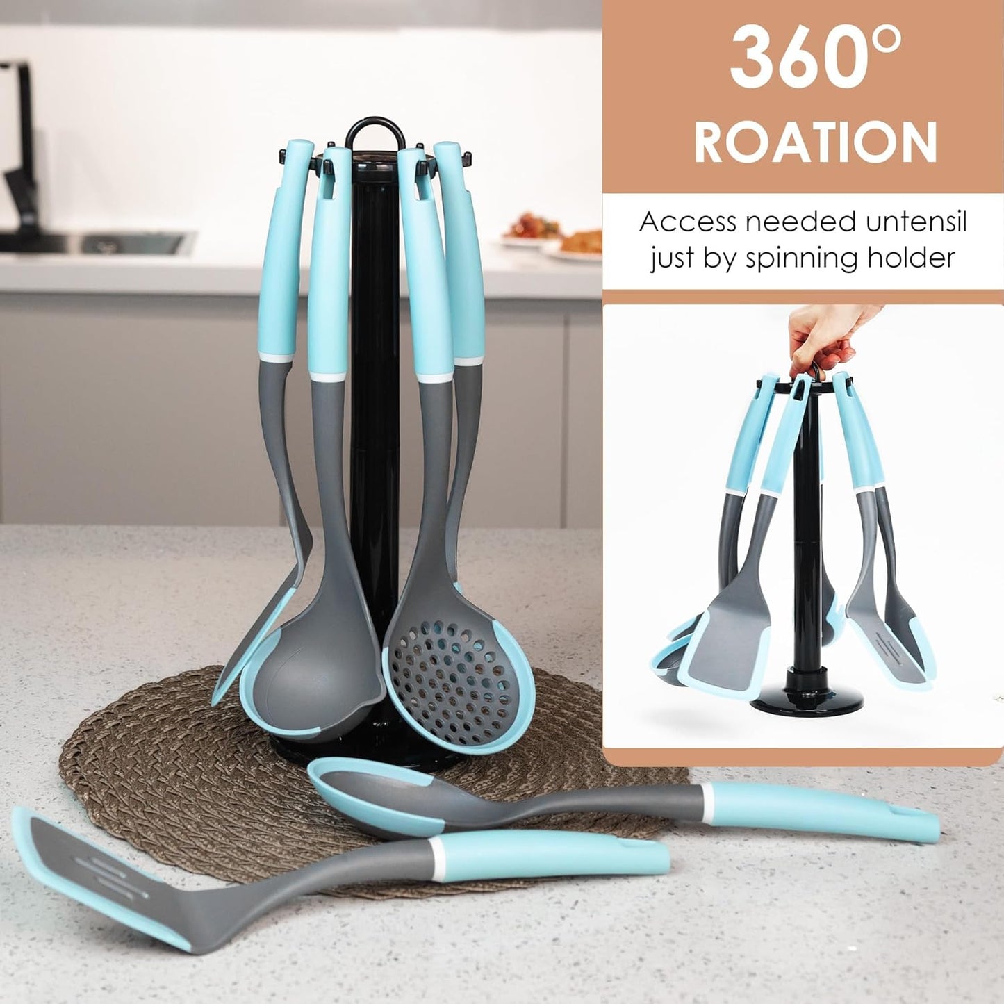 Kitchen Cooking Utensils Set, Non-Stick Spatula Set with Rotating Stand, 6 PCS Silicone Utensils Set for Cooking, 400°F Heat Resistant, Kitchen Gadgets with Nylon Handle & Stable Holder, Grey Blue