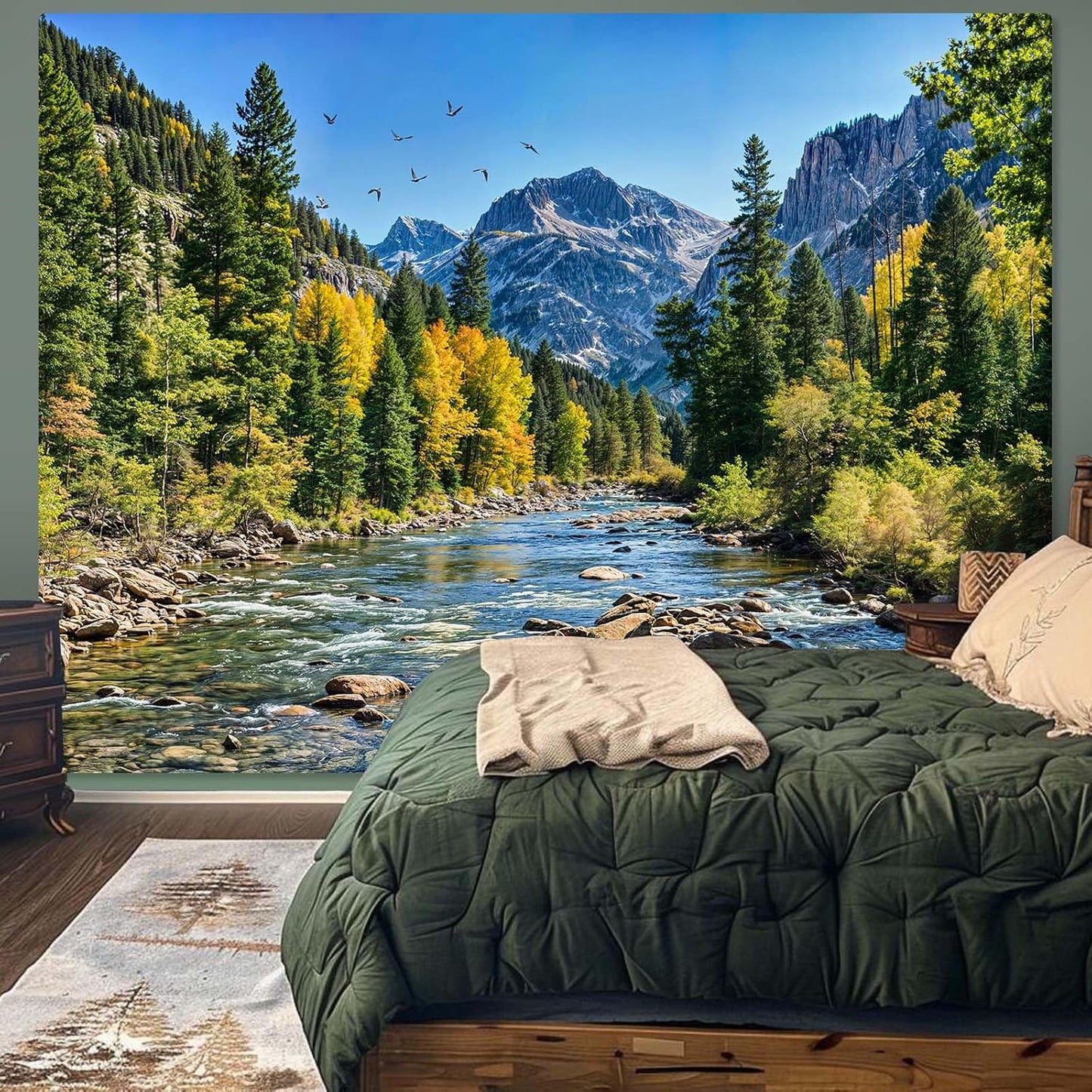 AMM Nature Forest Mountain Tapestry Green Pine Tree Tapestry for Bedroom Aesthetic Flowing River Landscape Tapestries Wall Hanging Bird Decor for Living Room Classroom Dorm Office