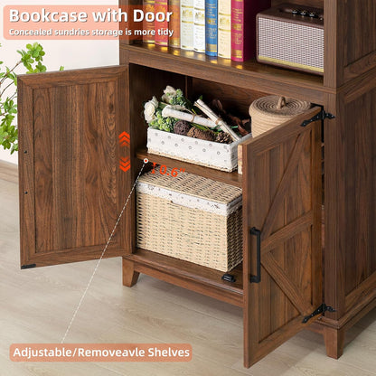 70in Tall Bookshelf 5 Tier Bookcase with Barn Doors and Adjustable Shelves, Brown Farmhouse Book Shelf with Storage Cabinet, Wood Freestanding Display Bookshelves for Bedroom, Kitchen (2PCS)