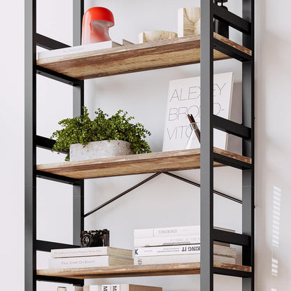 IRONCK Bookshelves and Bookcases, 31.5in Wide Shelf 5-Tier Ladder Shelf 110lbs/shelf Vintage Industrial Style Bookcase for Bedroom Living Room Home, Rustics Brown