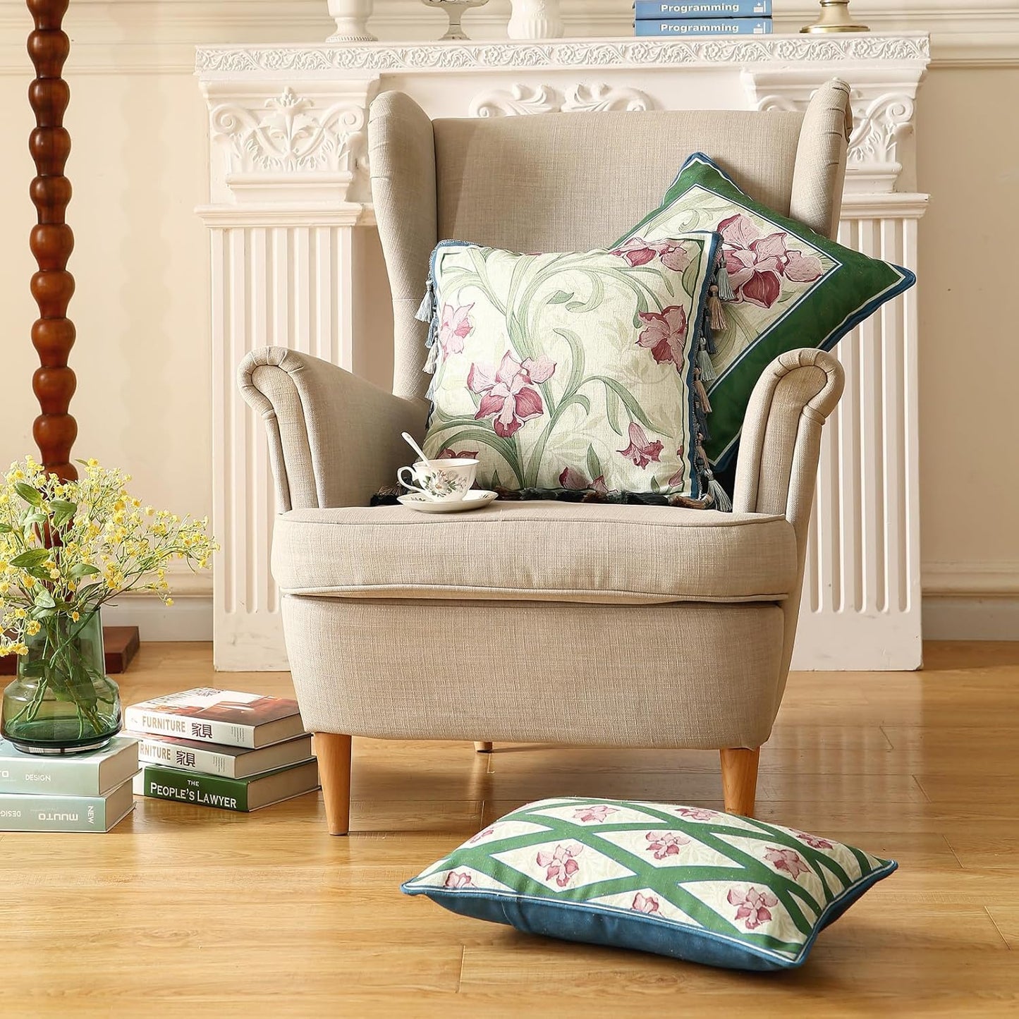 patdrea Designer Throw Pillow Covers Set of 4,French Elegant Green Linen with Iris Floral Collection Pattern Pillow Covers,Decorative Lumbar Square Round Pillowcases Cushion for Bed Living Room