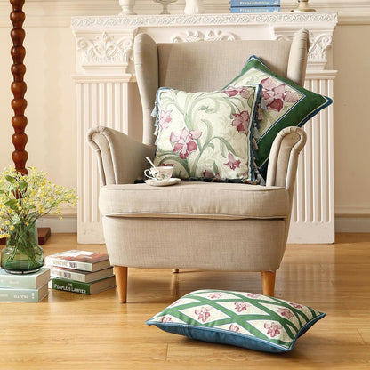 patdrea Designer Throw Pillow Covers Set of 4,French Elegant Green Linen with Iris Floral Collection Pattern Pillow Covers,Decorative Lumbar Square Round Pillowcases Cushion for Bed Living Room