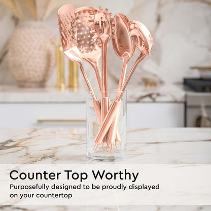Copper Cooking Utensils Set – 5-Piece Rose Gold Stainless Steel Kitchen Tools for Cooking and Serving Includes Ladle, Spoon, Pasta Fork, Spatula, and Skimmer – Stylish Copper Kitchen Accessories