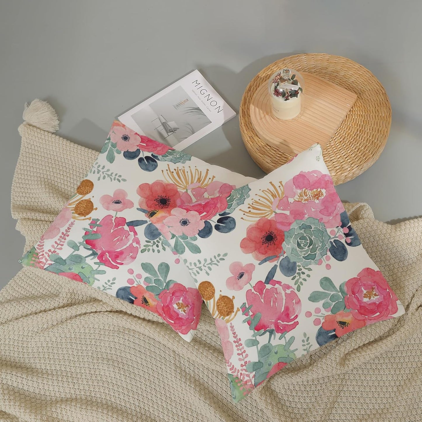 CXMEIFLY Spring Floral Pillow Covers 20 x 20 Inch Set of 2 for Watercolor Pink Flowers Decor Throw Pillows Green Leaves Plant Outdoor Decorative Cushion Cases with Zipper for Couch Bed Decorations