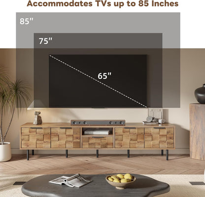 Modern TV Stand for TVs up to 85", Mid-Century Media Console with Checkered Cabinet Doors, Storage Drawers & Open Shelves, Wood Entertainment Center with Metal Legs