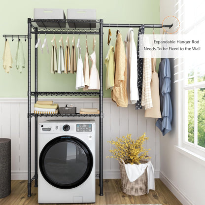 Over Washer and Dryer Shelves,3 Tier Adjustable Wire Shelving Laundry Room Storage Organization Clothes Drying Rack with Mounted on the Wall Expandable Hanger Rods&Hook,55"~74.5"Wx13.4"Dx77"H
