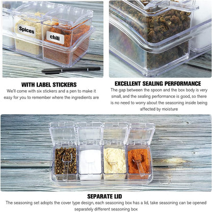XIUDI Clear Seasoning Rack Spice Pots-4 Pieces Clear Seasoning Storage Container for Spice Salt Sugar Cruet.Acrylic Seasoning Box, Cruet with Cover and Spoon