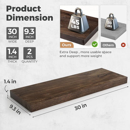 RICHFOCUS Elm Floating Shelves for Wall - 30" W x 9.3" D Rustic Solid Wood Shelves with Invisible Bracket, Wall-Mounted for Living Room, Bedroom, Kitchen Storage & Display, Set of 2, Walnut
