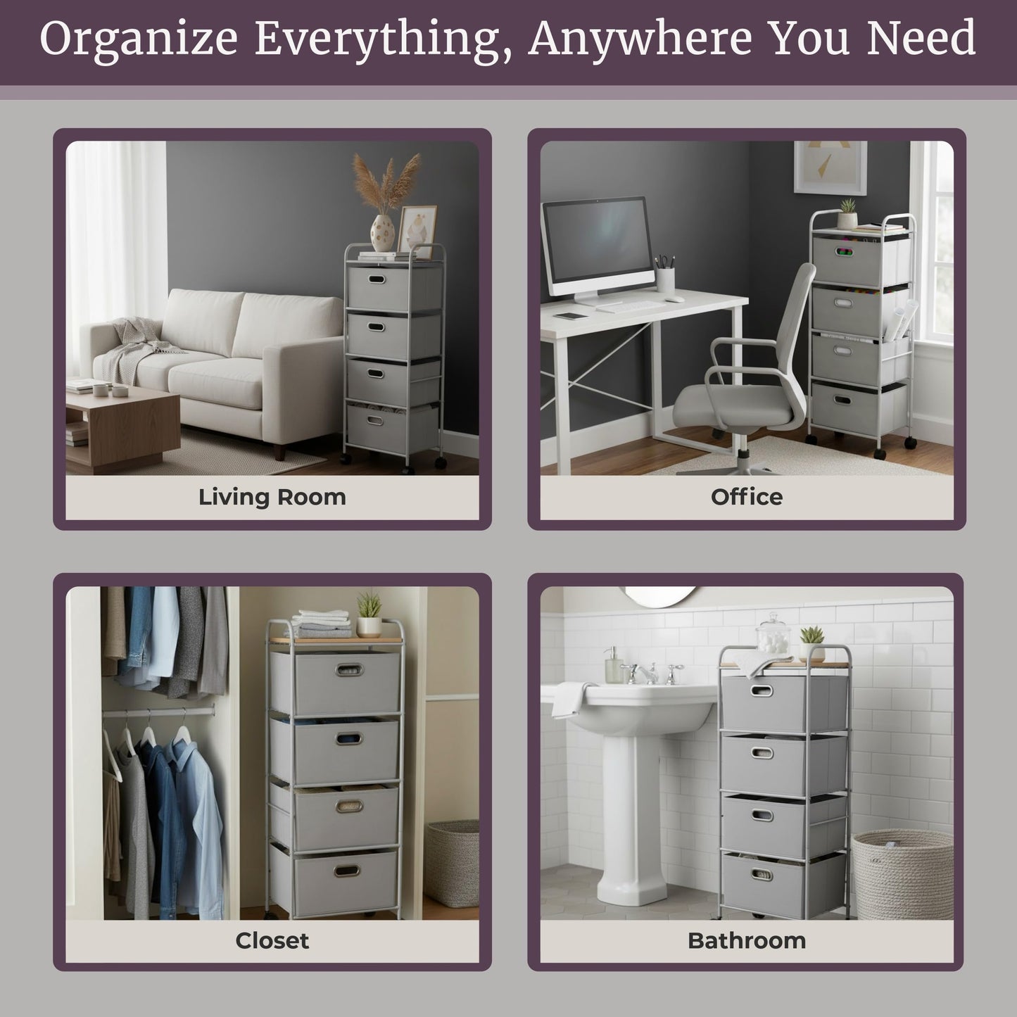 Lavish Home 4-Drawer Fabric Dresser, Gray/Silver, 16.5” x 12” x 45”