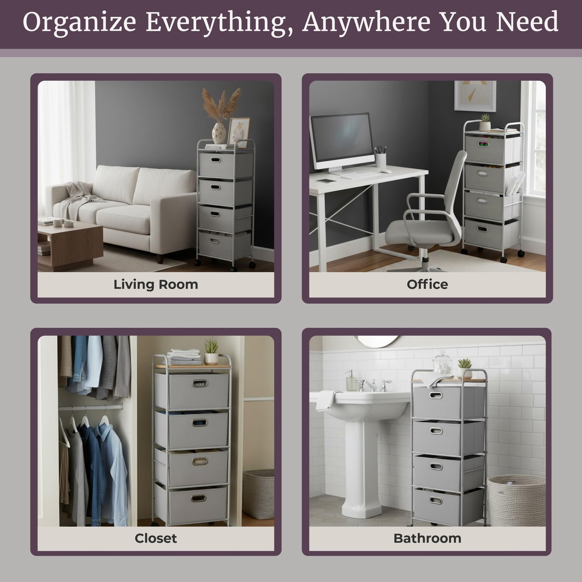 Lavish Home 4-Drawer Fabric Dresser, Gray/Silver, 16.5” x 12” x 45”