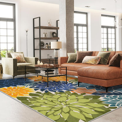 Indoor Outdoor Area Rug Washable Multicolored Patio Rug Tropical Botanical Modern Floral Indoor Outdoor Carpet Non Slip Yellow Green Rug Non Shedding for Patio, Deck, Backyard, Porch (8x10)