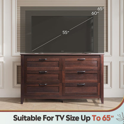 WLIVE Wood Dresser for Bedroom, Double 6 Drawer Dresser with Metal Handle, Large Wooden Chest of Drawers for Living Room, Hallway, Closet, Rustic Brown