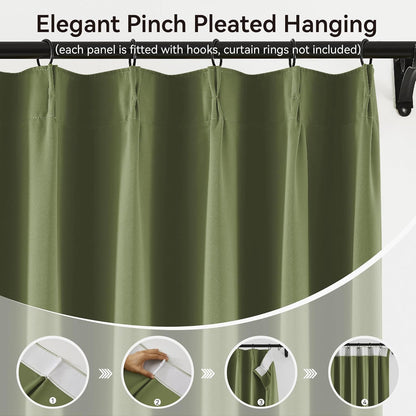 KangBang Pinch Pleat Wide Drapes for Sliding Door 60Wx105L Inches, Room Darkening Privacy Assured Polyester Curtains & Drapes Ceiling to Floor for Locker Room Living Room,2 Panels, Sage Green