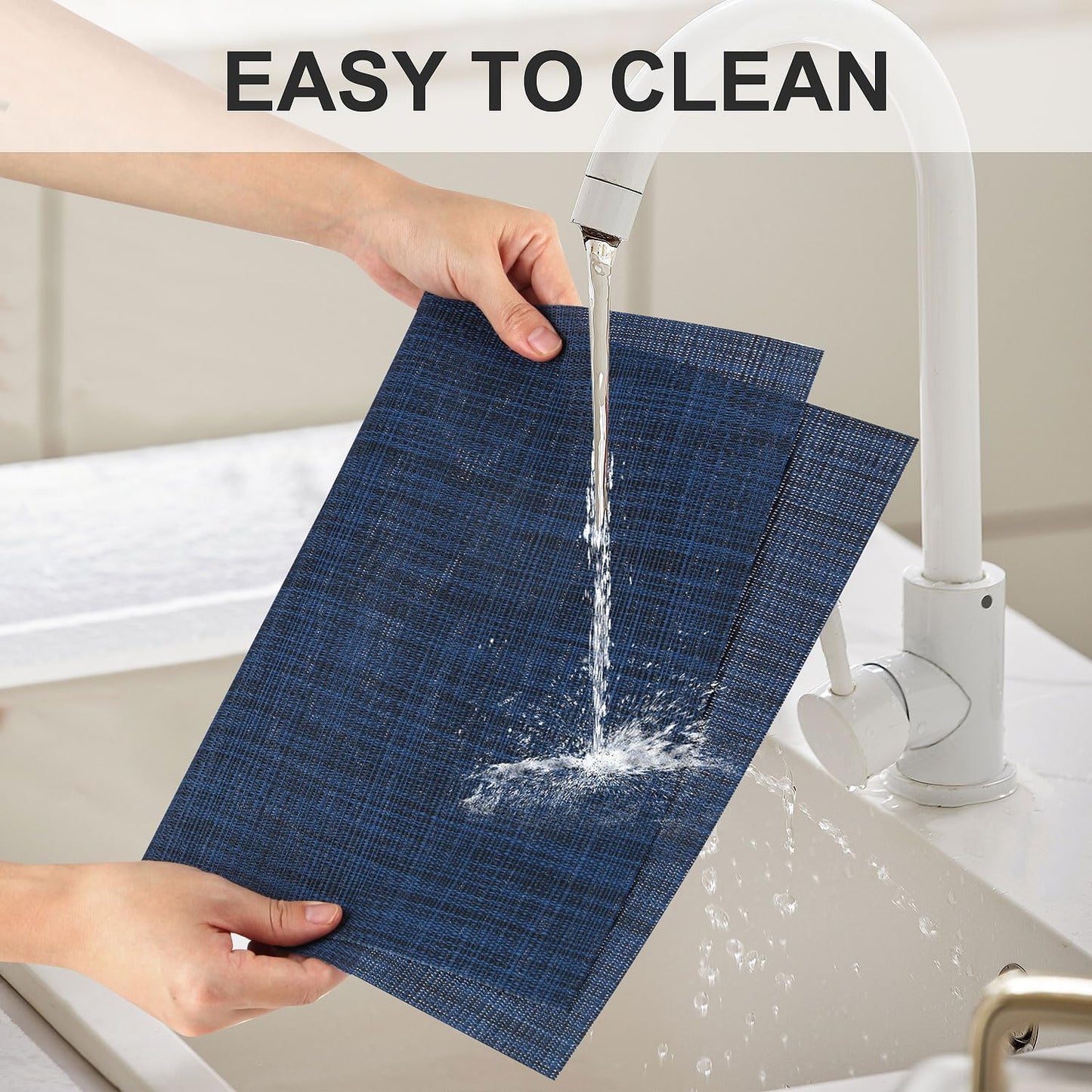 Vinyl Placemats Set of 8, PVC Woven Washable Non-Slip Table Mats, Heat Resistant Wrinkle Free Place Mats for Dining Table, Easy to Clean (8, Navy Blue)