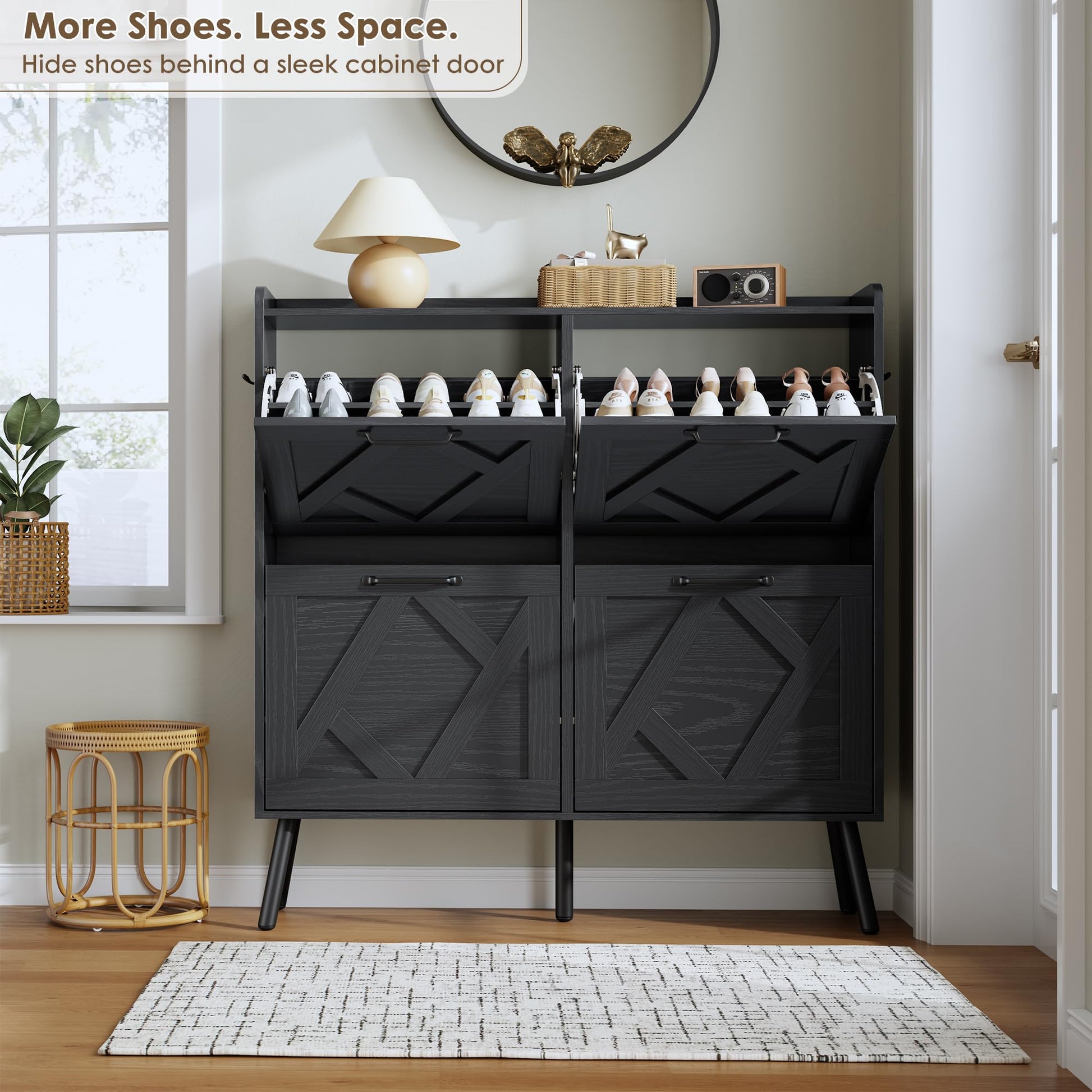 Nicetree Shoe Cabinet with 4 Flip Drawers, Hidden Shoe Rack Cabinet with Metal Legs, Farmhouse