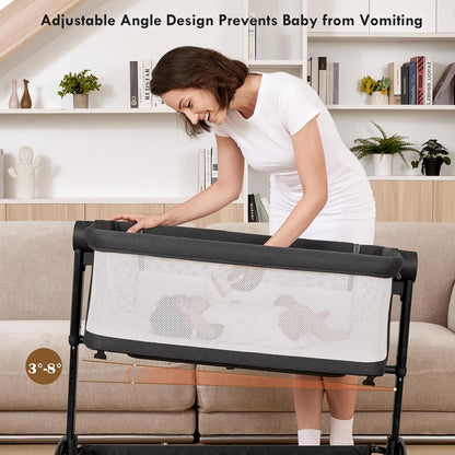 Bassinet Bedside Sleeper - All-Mesh Design, Portable Bedside Bassinet for Baby with Washable Mattress, 5 Adjustable Heights (Black)