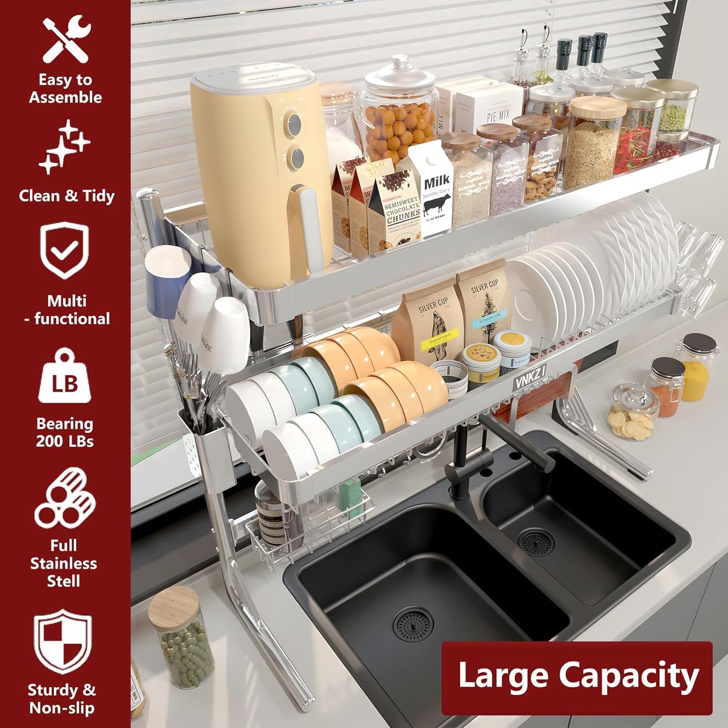 VNKZI Over Sink Dish Drying Rack, 3 Tier Full Stainless Steel Storage Adjustable Length (25.98'' to 36.61'') Kitchen Rack, Multifunctional Expandable Counter Organizer, Space Saver Dish Rack