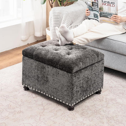 Joveco Storage Ottoman Bench, Rectangle 24" Velvet Foot Rest Stool Square Footstool for Living Room, Bedroom, Charcoal Grey