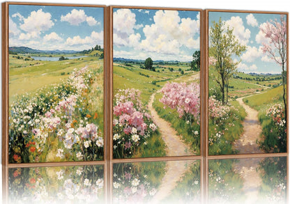 Tinonedraw Rustic Landscape Framed Canvas Wall Art Triptych, Blue and White Wall Decor, Vintage Botanical Floral Artwork, Modern Country Nature Farmhouse Art Prints for Living Room Bedroom 16"x24"x3