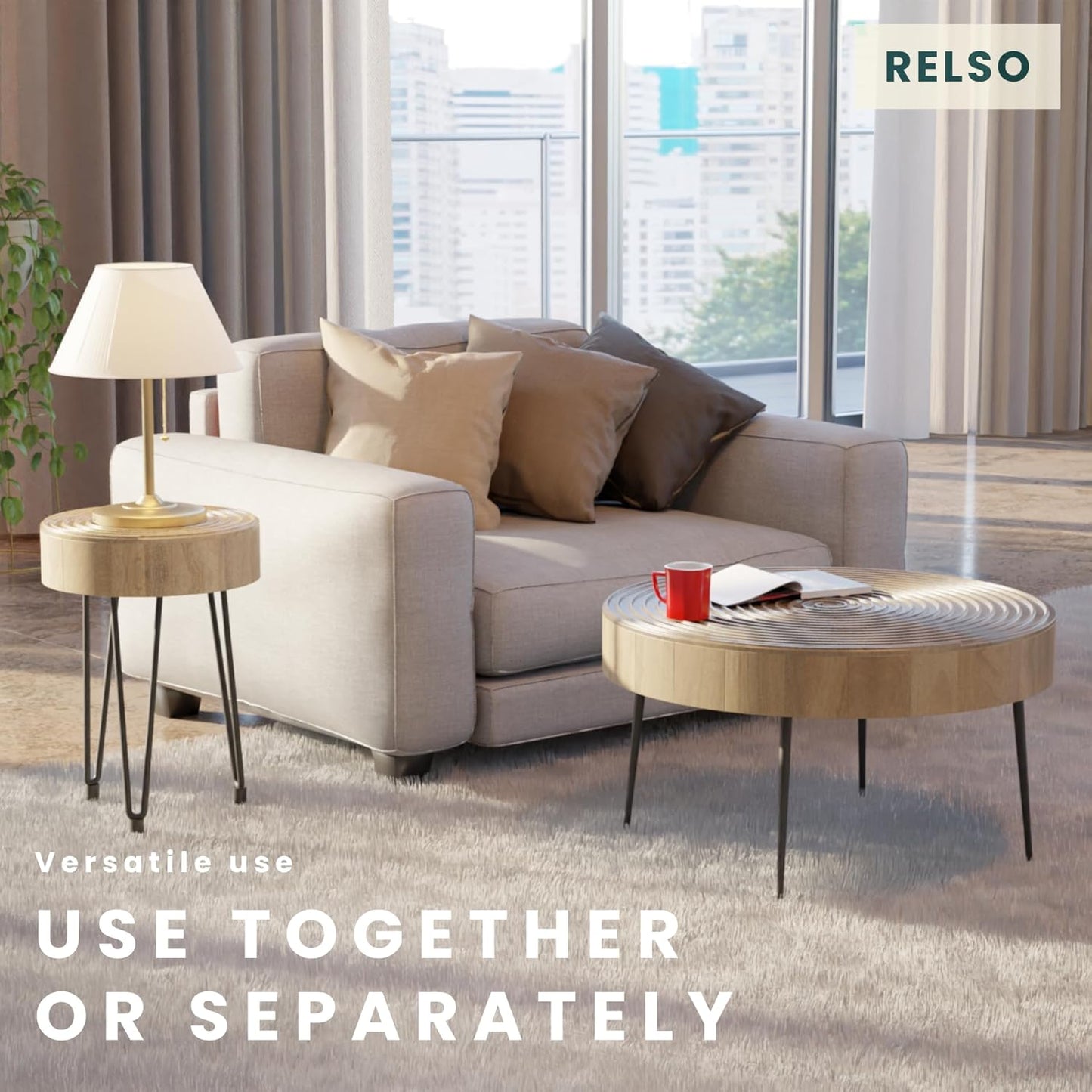 Relso Aspen Round Nesting Coffee Table Set of 2 – Solid Wood Nesting Tables with Metal Legs, Natural Finish | End Table with Ring Pattern | Modern Accent Tables for Living Room, Boho, Farmhouse Decor