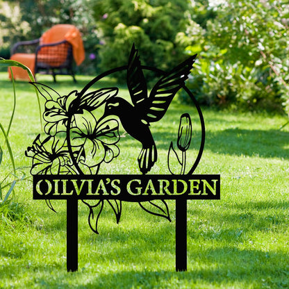 Custom Hummingbird Metal Garden Sign with Stakes, Bird Garden Decorations, Flower Design Personalized Garden Sign, Custom Garden Name Sign, Yard Decor, Home Gift