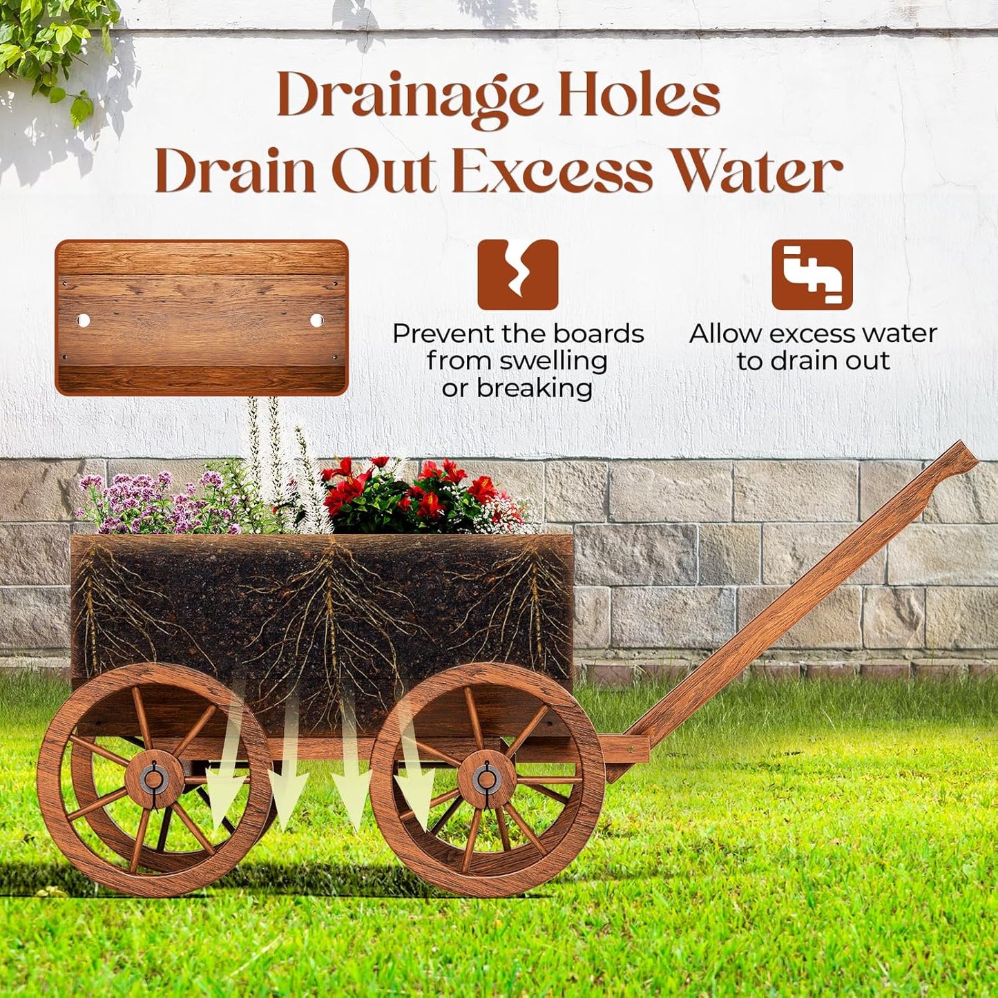 Wood Wagon Planter for Outdoor Balcony Decor - Garden Rustic Wooden Flower Cart with Wheels for Outside - Garden Decor - Amish Decorative Indoor - Wheelbarrow Planter for Patio