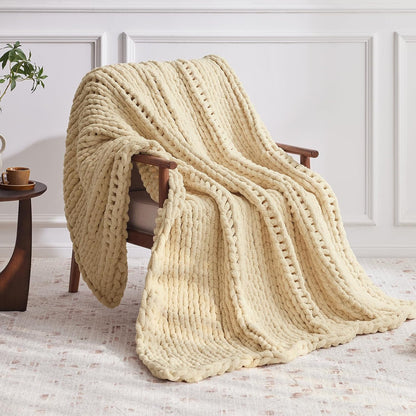 Chunky Knit Throw Blanket, 60''*80'' Knitted Throw Chenille Yarn for Bed Couch, Handmade Oatmeal Crochet Big Thick Blanket, Machine Washable Cute Comfy Blanket for Home Decor