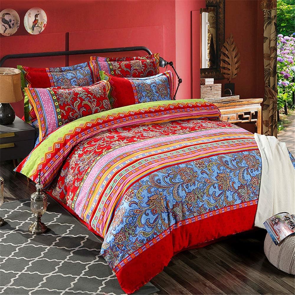 ABREEZE Bohemian Duvet Cover Set Colorful Red Boho Retro Bedding Set Damask Paisley Cotton Duvet Cover Tribal Reversible Bedding Exotic Style Comforter Cover 3-Piece King