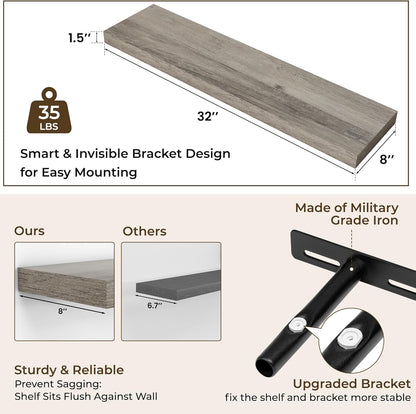 RICHFOCUS 31.5Inch Floating Shelves for Wall 2 Pack Shelves for Bedroom|Kitchen|Bathroom Wall Mounted Rustic Wood Floating Shelf with Invisible Brackets for Books|Storage|Decor, Grey