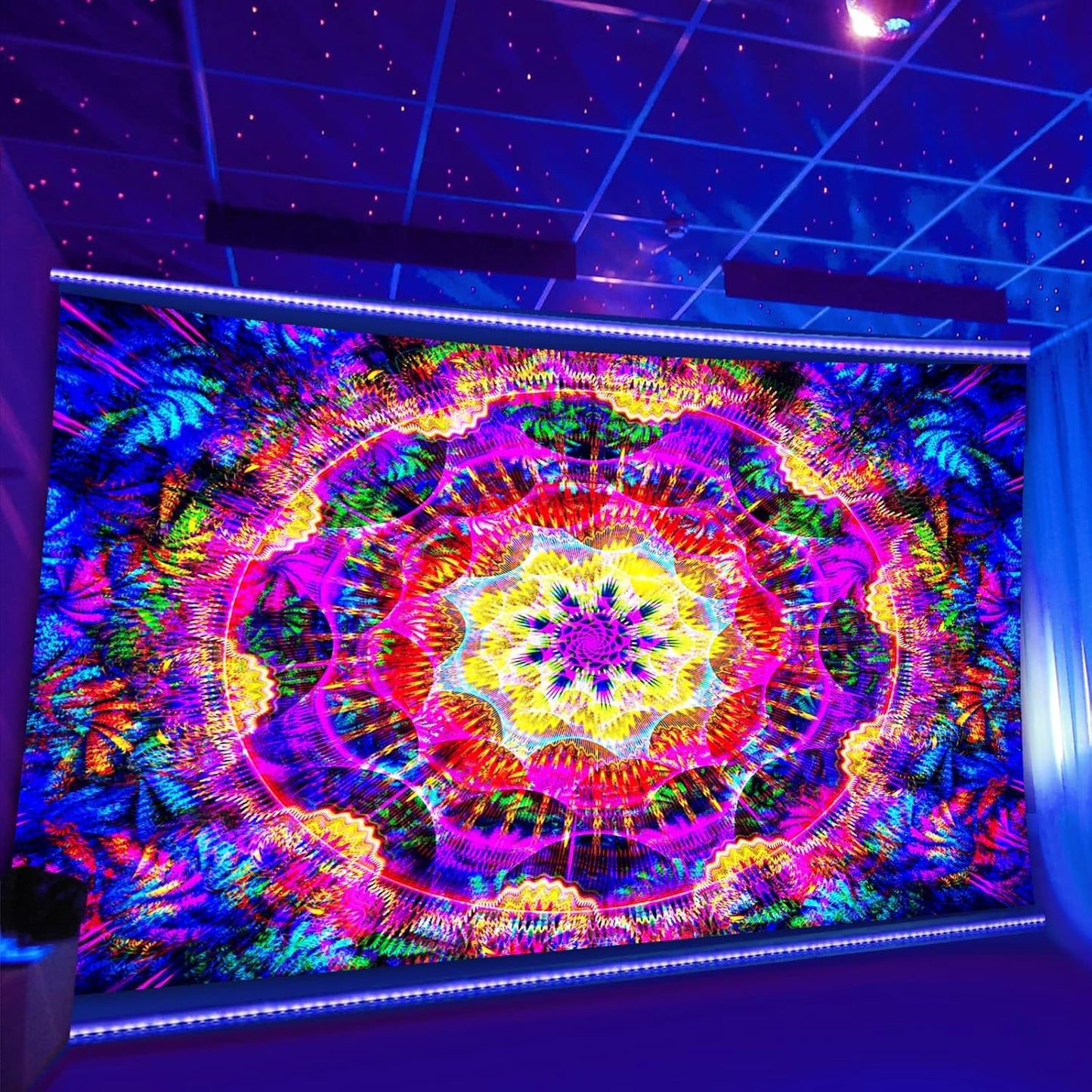 PSYHILAR Blacklight Mandala Tapestry for Bedroom, Psychedelic Black Light Posters for Adults and Teens, Colorful UV Reactive Aesthetic Bohemian Art Wall Hanging Decor (60 x 50 Inches)