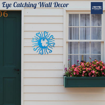 Riverside Designs Wacky Solar Moon Metal Wall Art Steel Outdoor Decor | Heavy-Duty and Waterproof | Made in USA (Teal, 24L x 24W)