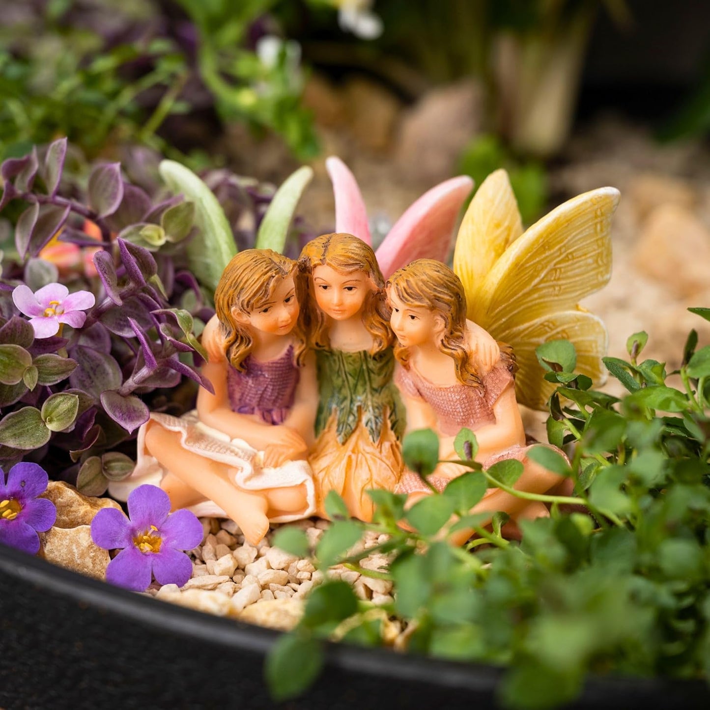 PRETMANNS Fairies for Fairy Garden - Accessories for an Outdoor or Indoor Miniature Garden – Adorable Hand-Painted Resin Figurines – 3 Sitting Sisters 1 Piece