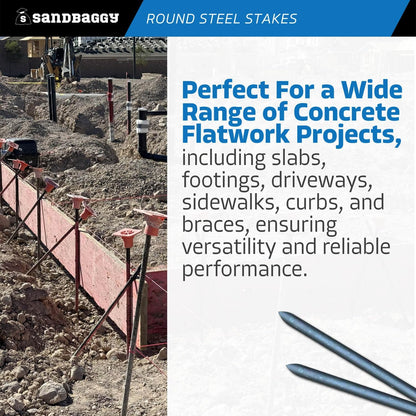 Sandbaggy Round Steel Concrete Form Stakes with Nail Holes - Rust Resistant Coating - Removable, Reusable (100, 3/4 in X 24 in)