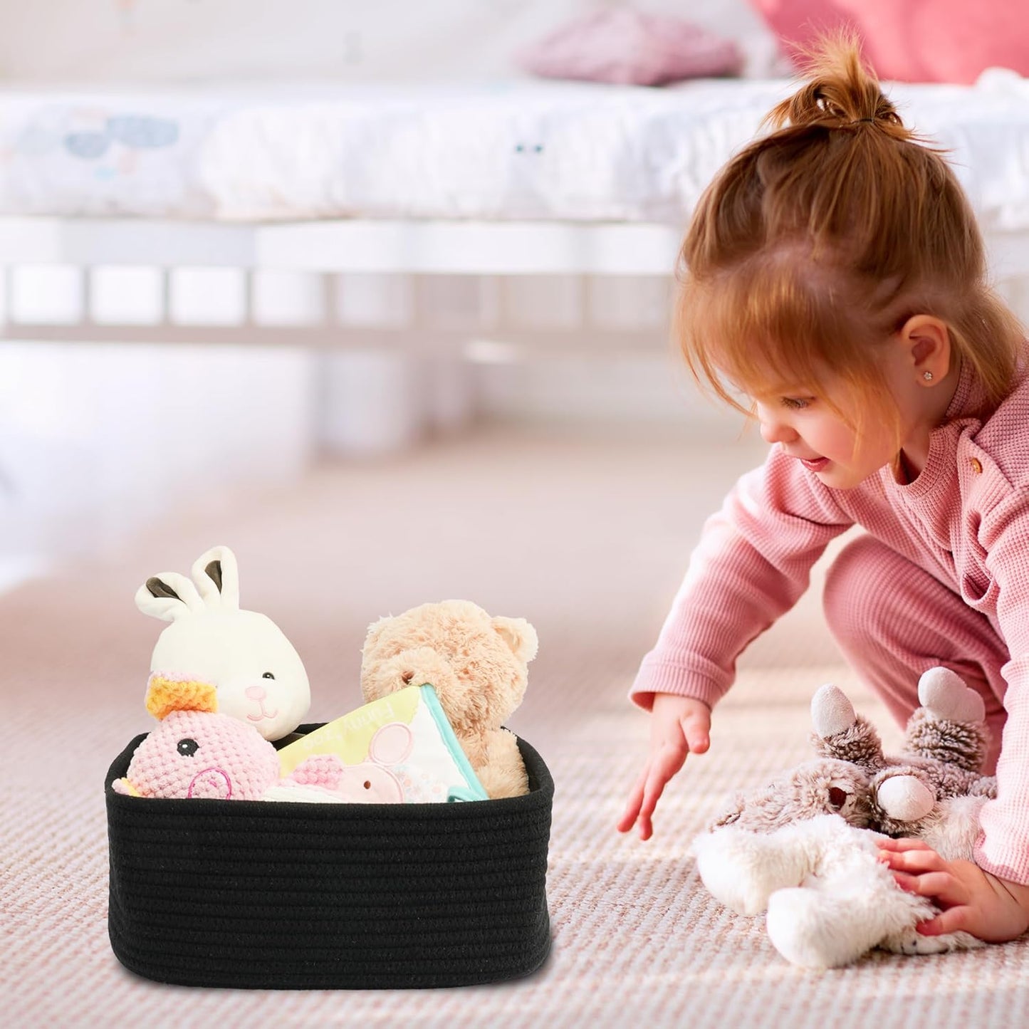 Small Woven Storage Baskets 12“X8”X5“ Decorative Rope Bins for Organizing Shelves, Closets, and Toys, Empty Gift Baskets, Cute Organizer Basket for Home and Office (black, regular)