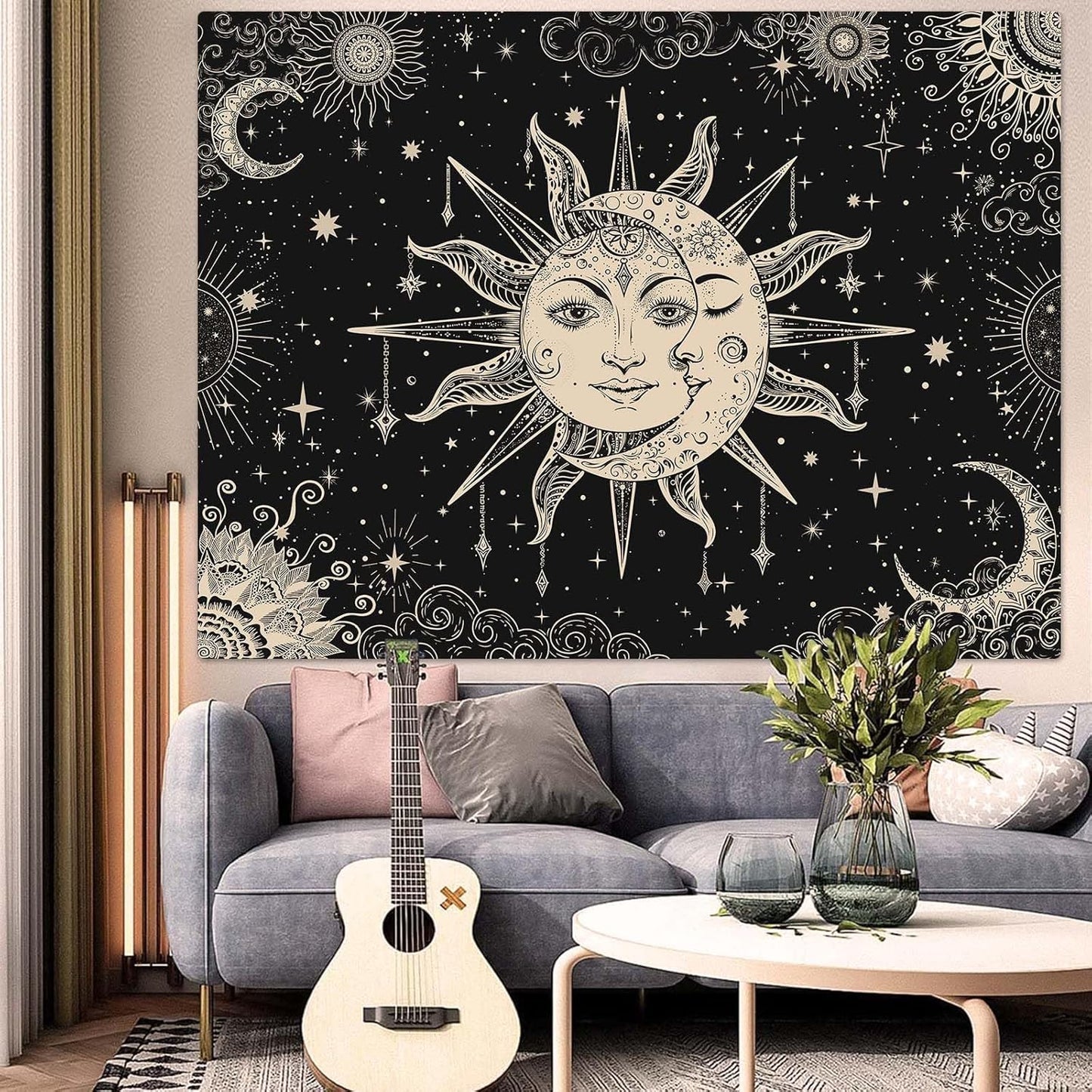 Lunerfex Sun and Moon Tapestry Mandala Wall Tapestry, Vintage Tapestries for Bedroom Ceiling Tapestries Wall Hanging for Bedroom Living Room Decor Sun-2 70"x90"