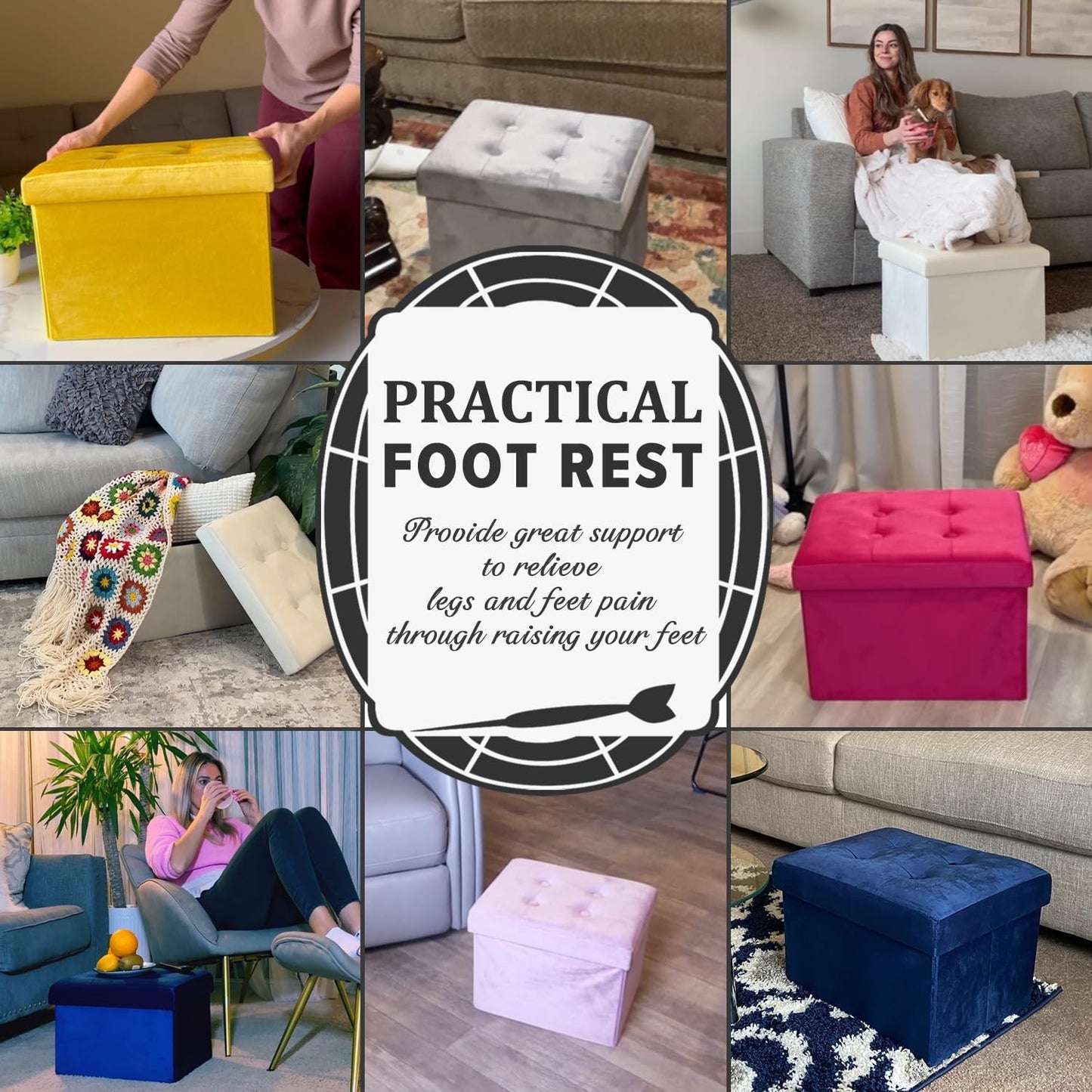 LINMAGCO Storage Ottoman Folding Foot Stool Velvet Foot Rest with Padded Modern Ottoman with Storage for Living Room Puppy Step Stool 17x13x13in(Navy)