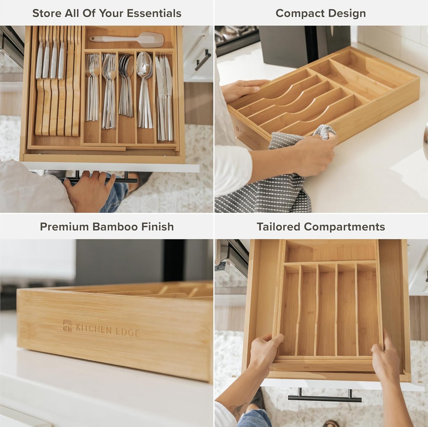 Premium Silverware, Flatware and Utensil Organizer for Kitchen Drawers, Food-Safe Contract Grade, Expandable from 10.5 to 19 In, Natural Bamboo