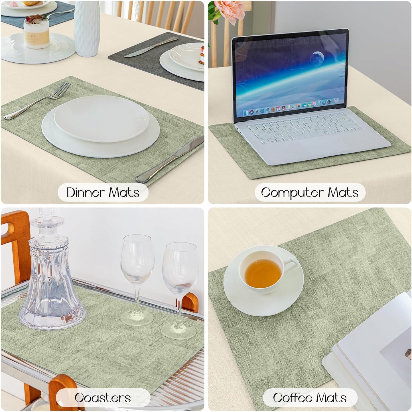 Romanstile Reversible Vinyl Placemats Set of 8, Faux Leather 100% Waterproof Oil-Proof Wipeable Place Mats, Heat Resistant Dual Sided Table Mats for Kitchen/Dining/Party (Grey Green, 12 x 17 Inch)