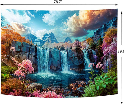 Delur Waterfall Tapestry Tropical Forest Mountain Sunset Tree Wall Hanging Tapestry Scenic Rainforest Landscape Nature Sunrise Headboard for Bedroom Living Room Home Decor (59.1" x 78.7")
