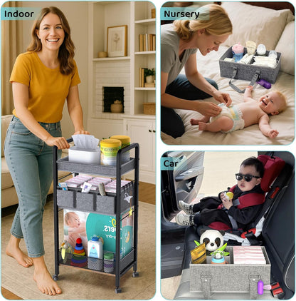 2IN1 Baby Diaper Caddy Organizer-3 Tier Rolling Storage Cart with Dividers - Bedside Diaper Caddy Cart for Baby Nursery Newborn Essentials-Mobile Utility Carts with Wheels for Changing Table