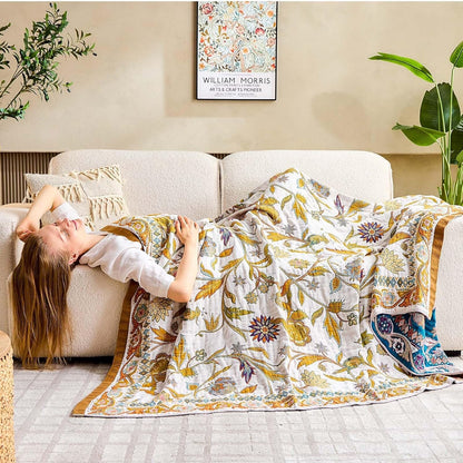 Fall Throw Blanket for Couch, Brown Boho Decorative Throw Blanket, 100% Cotton Muslin Breathable Woven Farmhouse Blankets Quilt, 60"x80" Reversible Lightweight Blankets Bohemian Throw Quilt