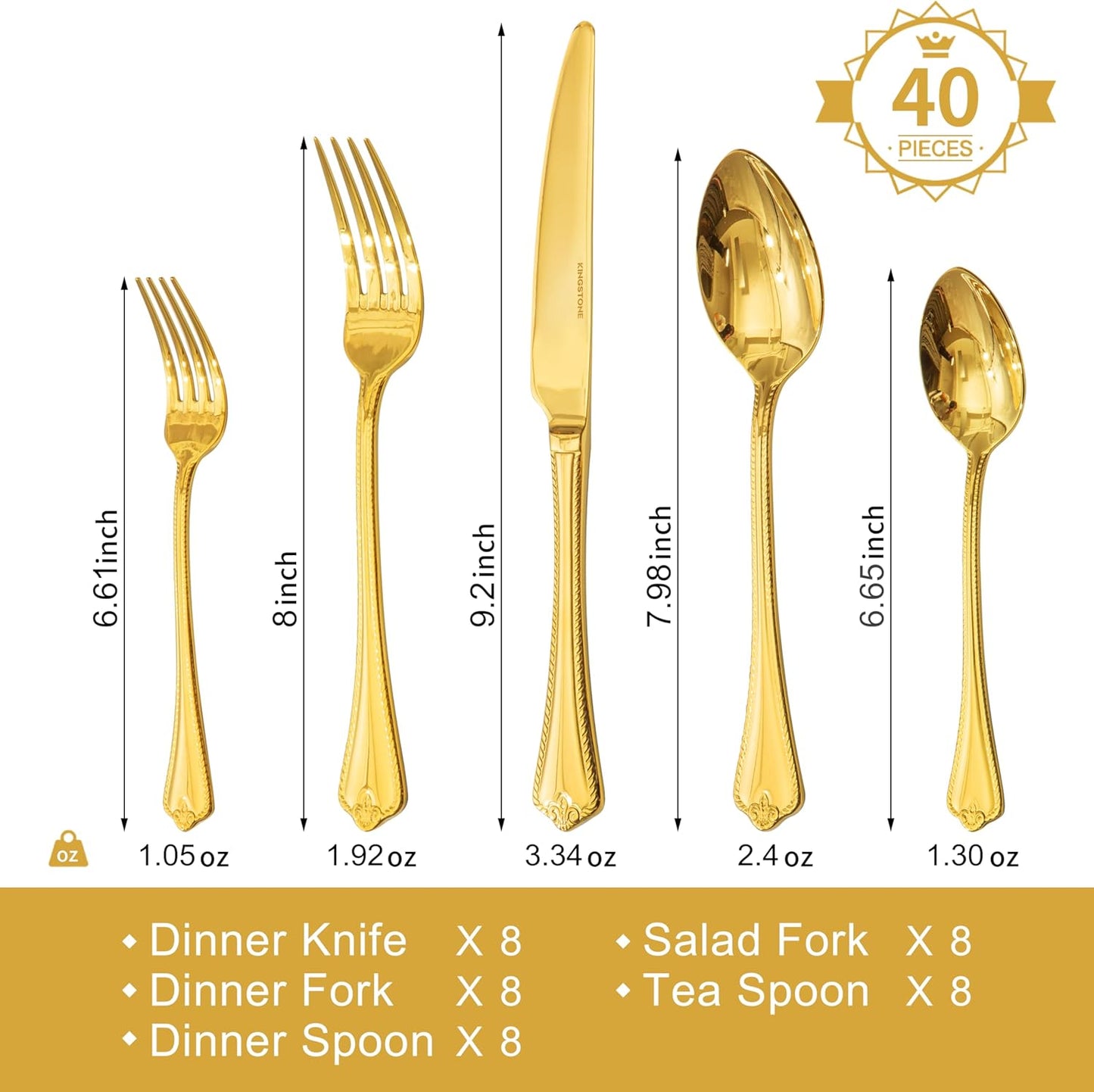 KINGSTONE Gold Silverware Set, 40-piece 18/10 Stainless Steel Flatware Set Cutlery Set for 8, for Kitchen, Home, Wedding, Party, Mirror Polished and Dishwasher Safe, Featured Gifts